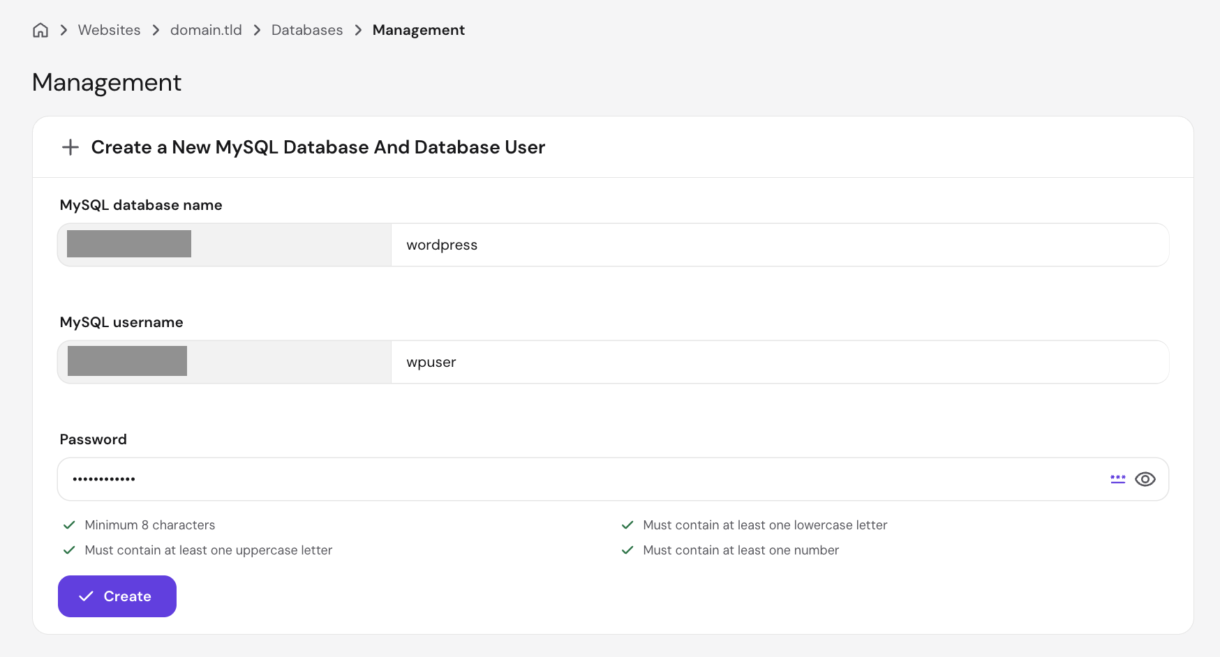 The Databases Management page in hPanel showing the Create a New MySQL Database And Database User form with the MySQL database name, username, and password fields.