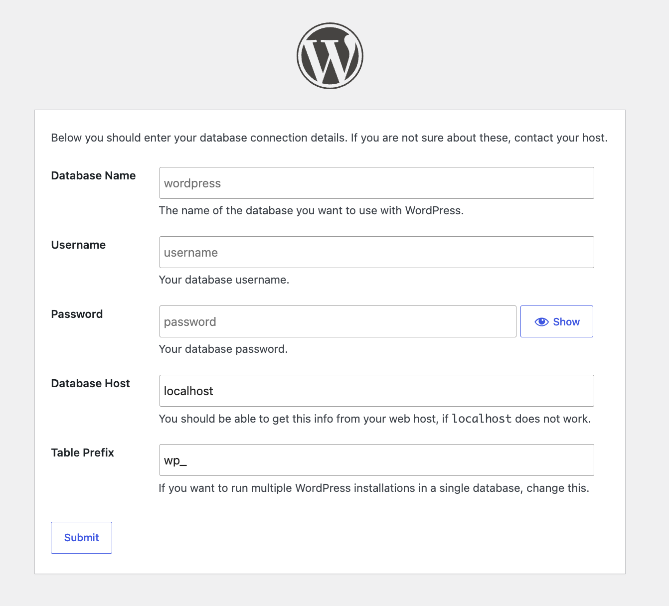 The WordPress browser installer database credentials form showing the Database Name, Username, Password, Database Host, and Table Prefix fields.
