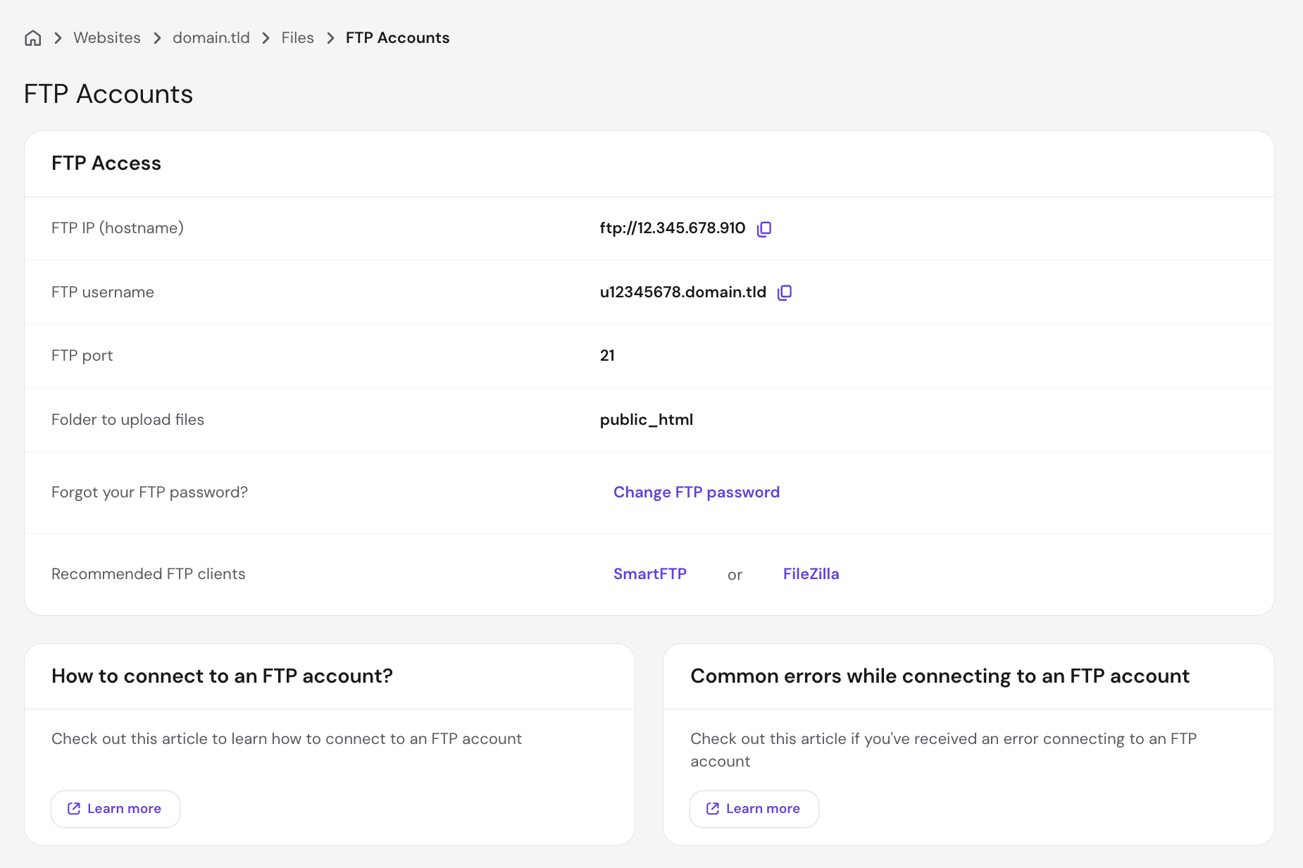 The FTP Accounts page in hPanel showing the FTP Access panel with the FTP IP hostname, FTP username, port 21, folder to upload files set to public_html, the Change FTP password link, and recommended FTP clients SmartFTP and FileZilla.