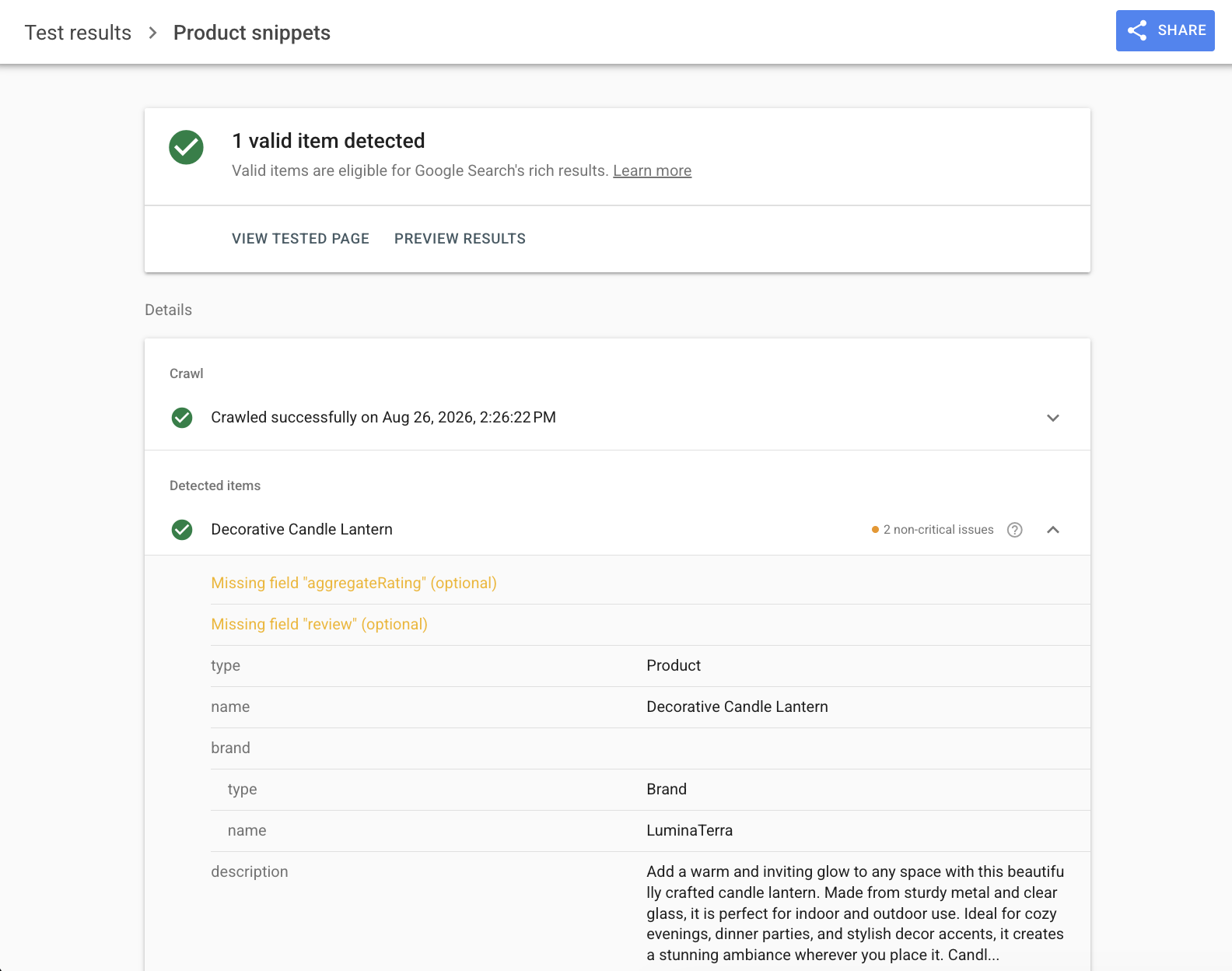 Google Rich Results Test outcome for a Hostinger Ecommerce merchandise leaf showing one valid Product item detected, alongside optional aggregateRating and assessment sectors flagged as missing and detected properties including type, name, brand, and description