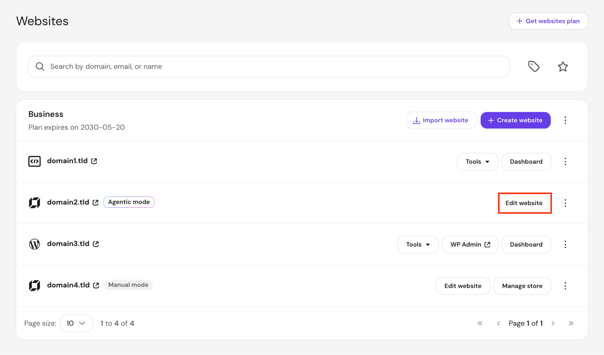 The hPanel Websites list showing sites with different platform types, with the Edit website button highlighted on an AI Builder site.