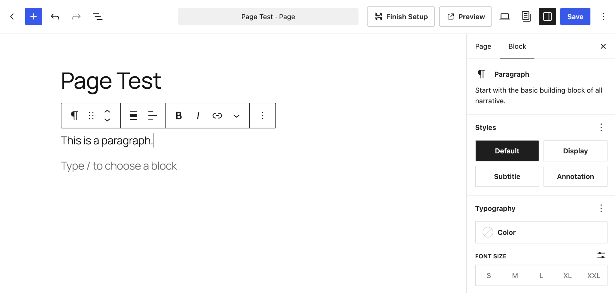 The WordPress block editor with a paragraph block selected and the block toolbar showing formatting options above it.