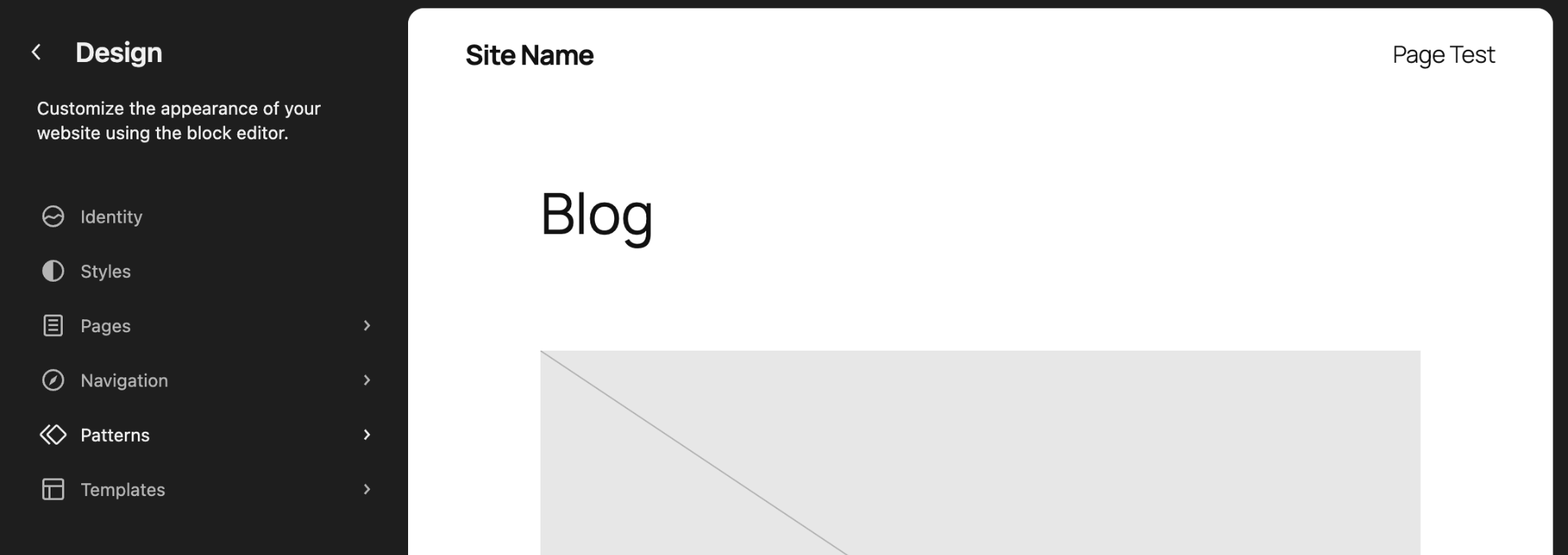 The WordPress Site Editor Design panel showing Identity, Styles, Pages, Navigation, Patterns, and Templates on the left sidebar.