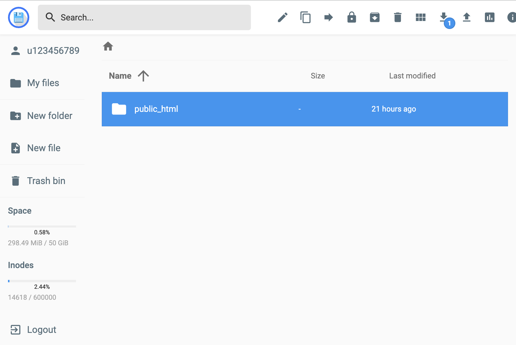 The hPanel File Manager open at the account root with the public_html folder visible.