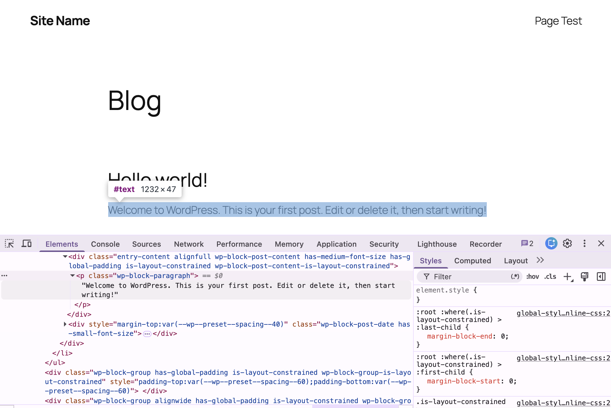 Chrome developer tools with the Elements panel open, showing the selected text element highlighted in the panel and the corresponding text highlighted on the page.