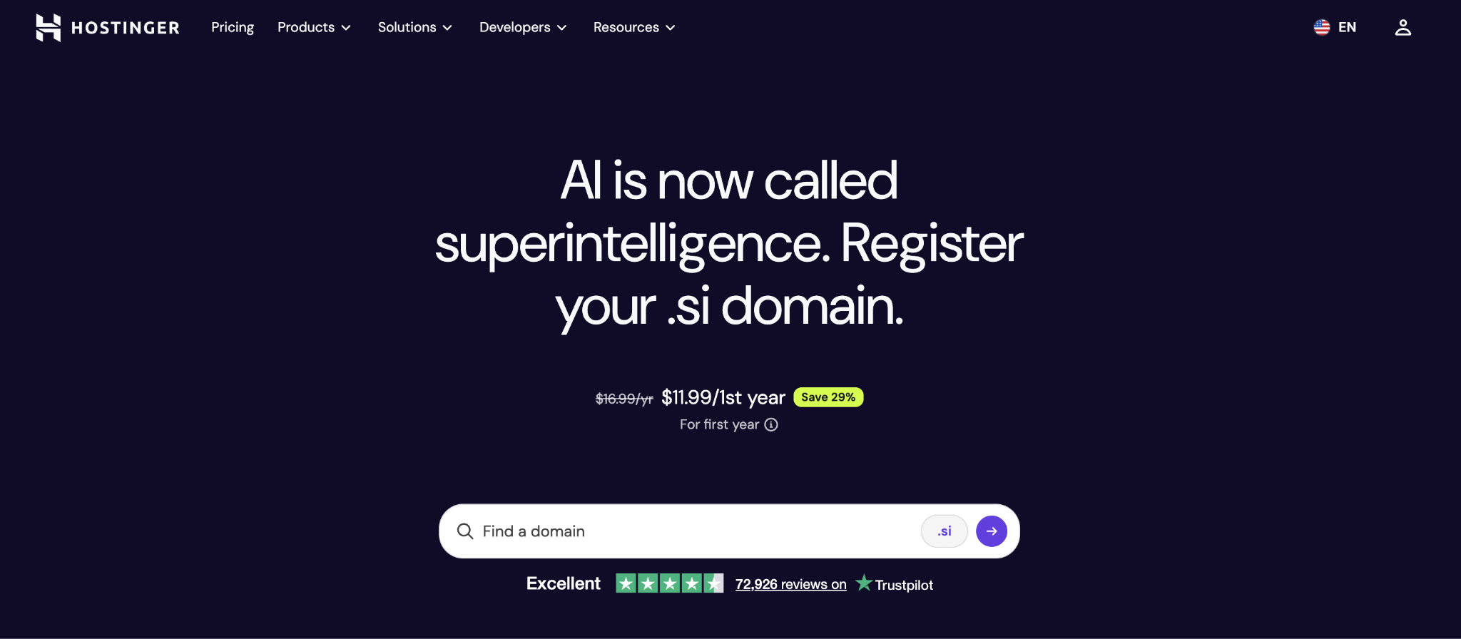 Hostinger .si domain landing page