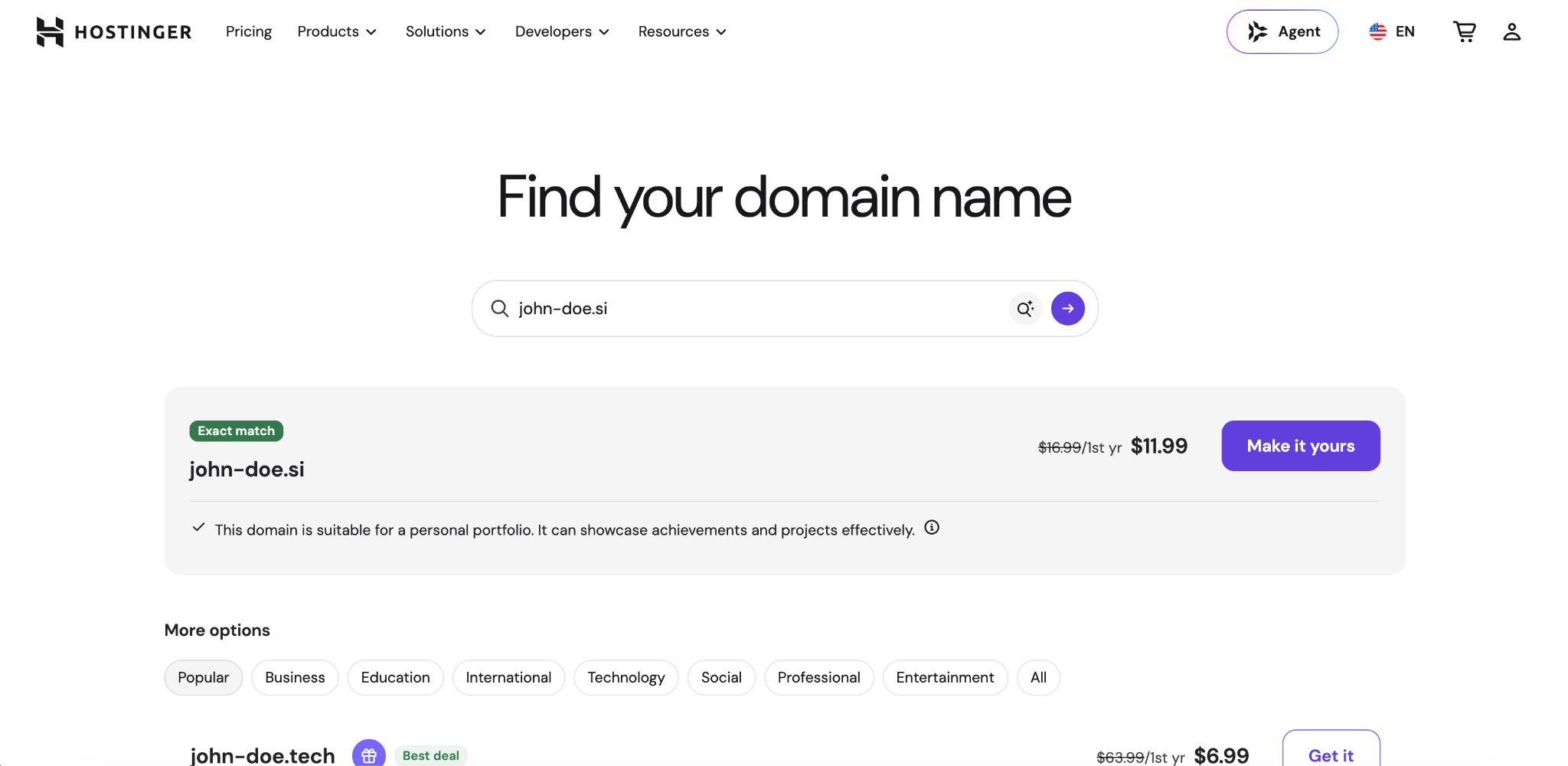Find your domain name page, with user looking for the john-doe.si name