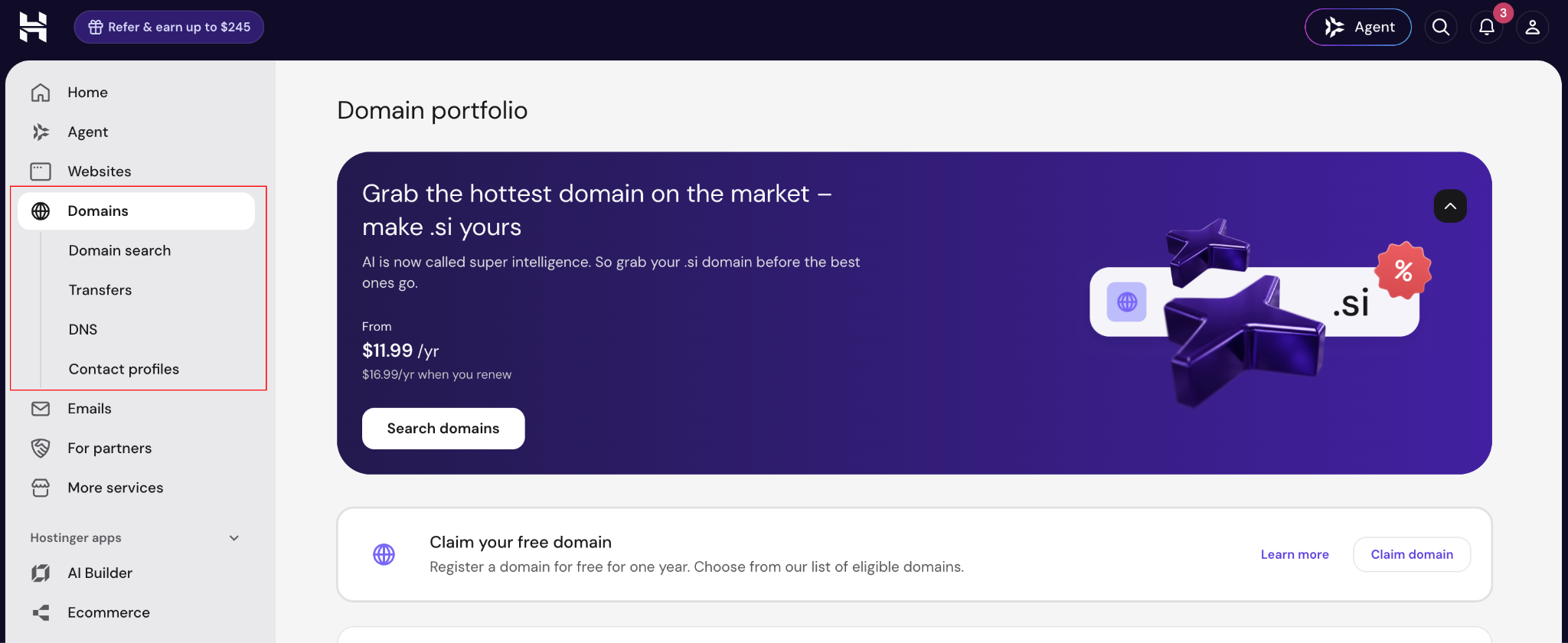 Hostinger dashboard showing domain tools in one place