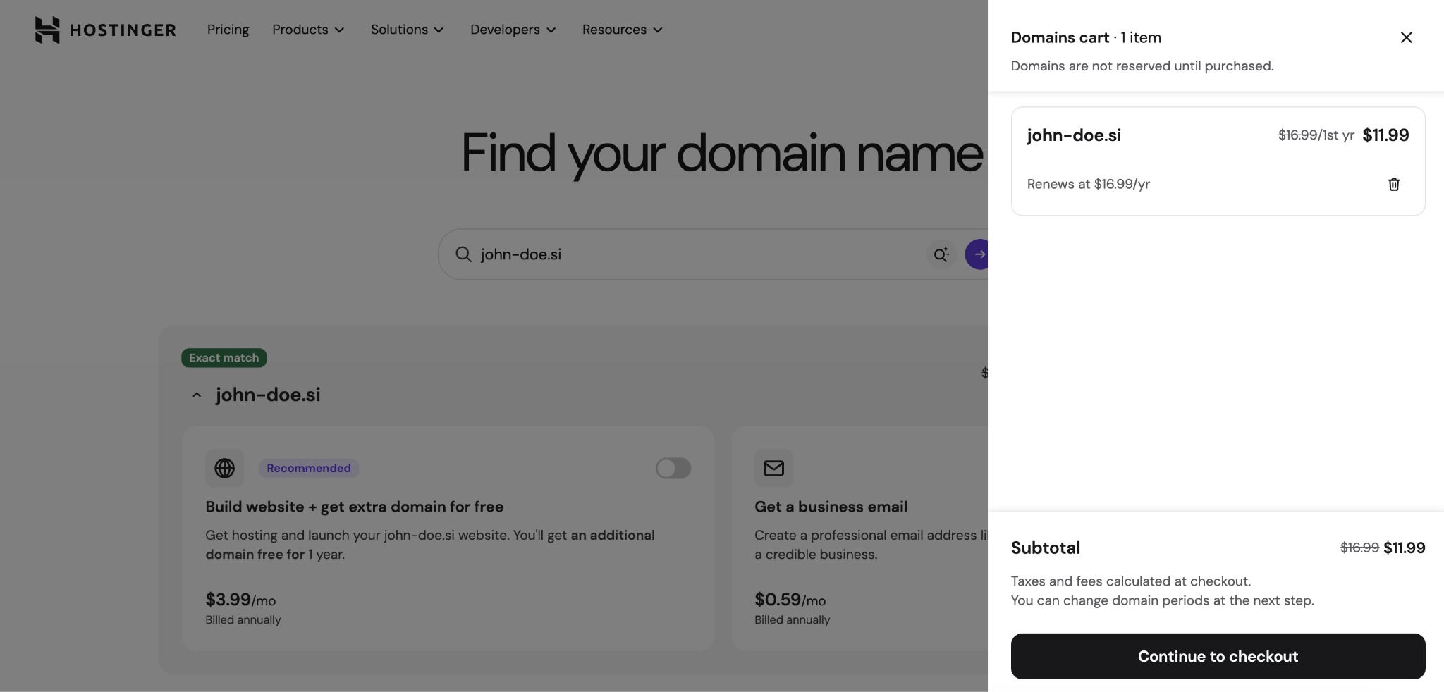 Domains cart screenshot