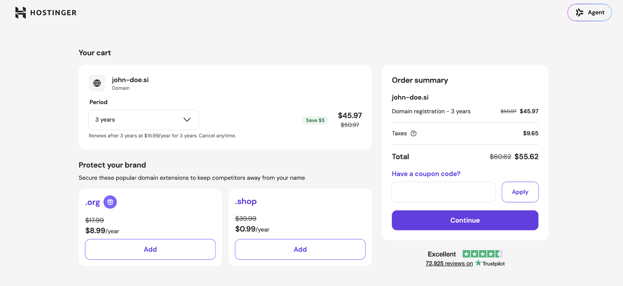 john-doe.si domain price on Hostinger