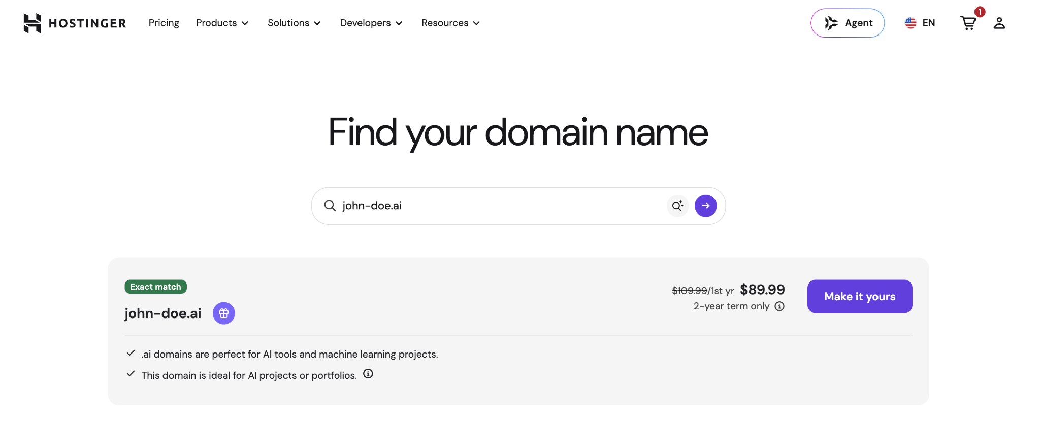 john-doe.ai domain price on Hostinger