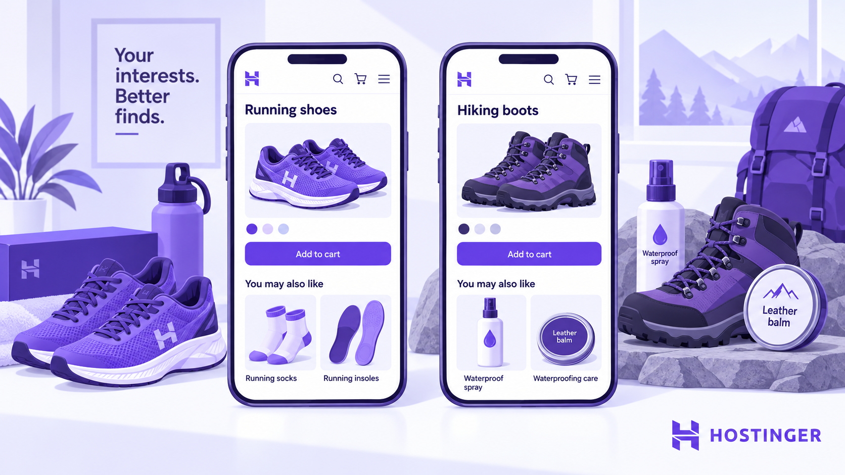 A shop recommends operating socks and insoles alongside operating shoes, and waterproofing attention alongside hiking boots.