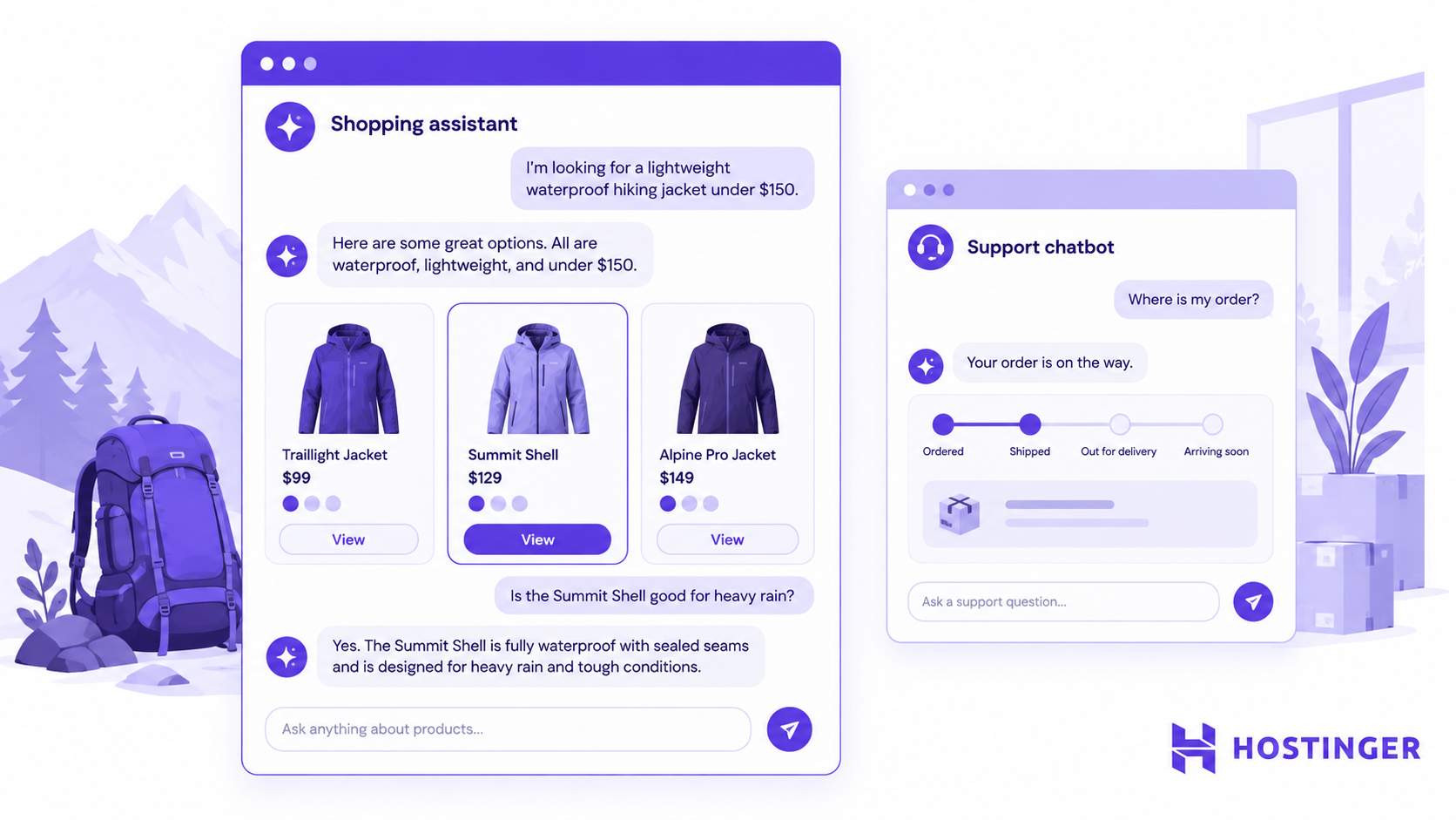 A buying aide recommends hiking jackets during a assistance chatbot helps track an order.