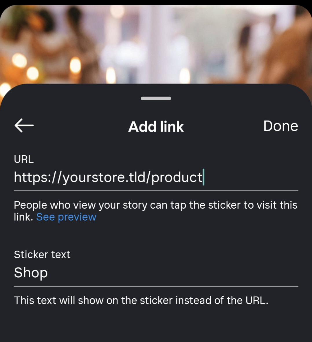 Instagram Story Add nexus panel alongside a merchandise URL in the URL site and Shop entered as the sticker text