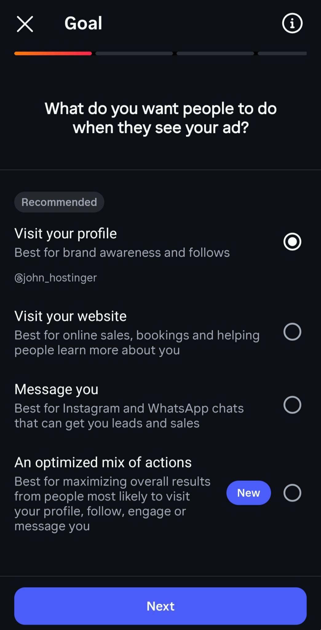 Instagram Boost article Goal display alongside Visit your overview preselected as the recommended goal and Visit your website listed below it