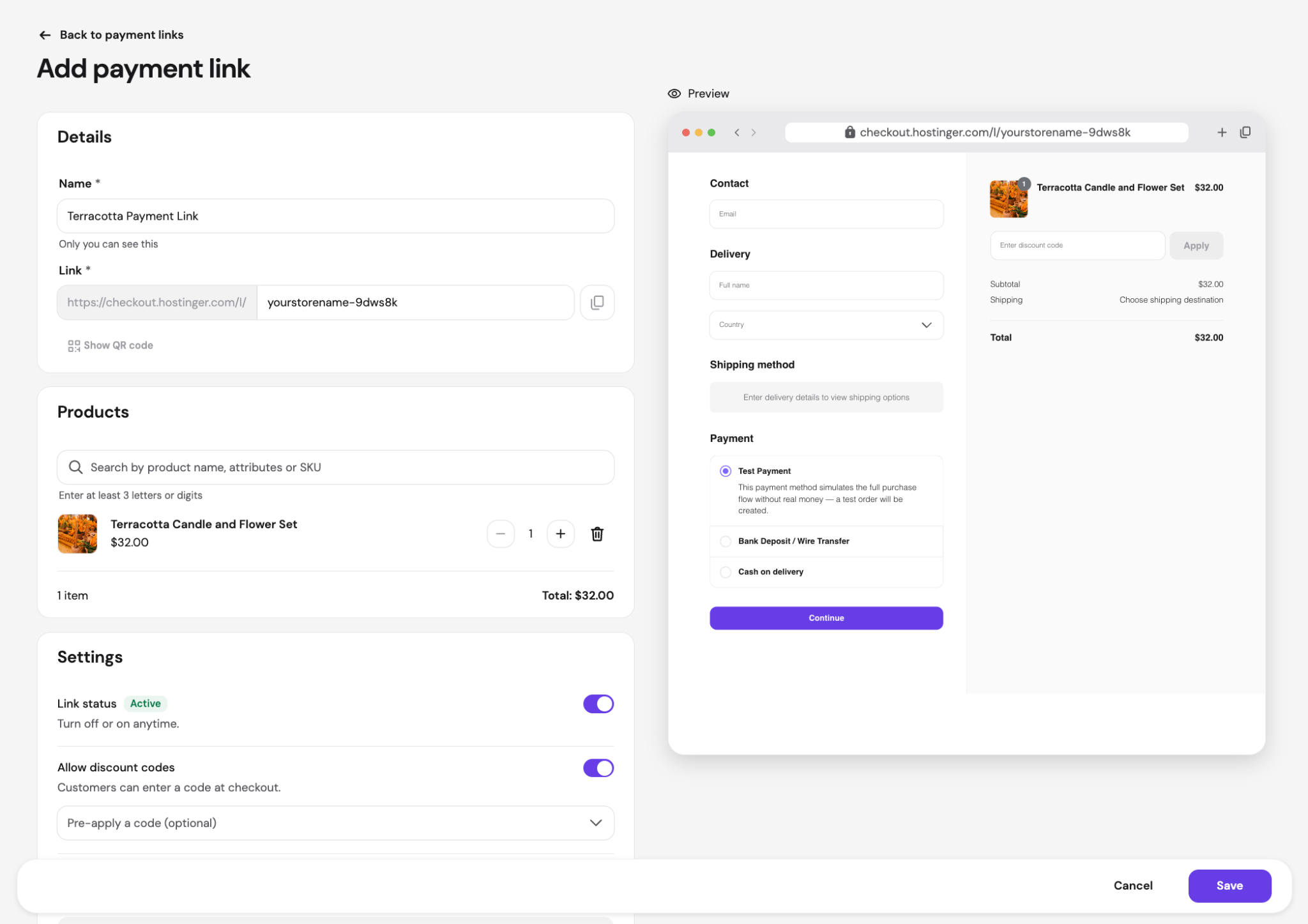 Hostinger Ecommerce Add fee nexus form alongside the Terracotta Candle and Flower Set added and a checkout preview showing contact, delivery, and fee fields