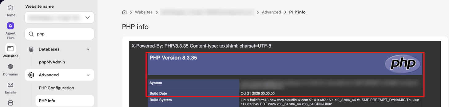 Hostinger dashboard PHP Info page showing PHP Version 8.3.35 and a Build Date of Oct 21 2026
