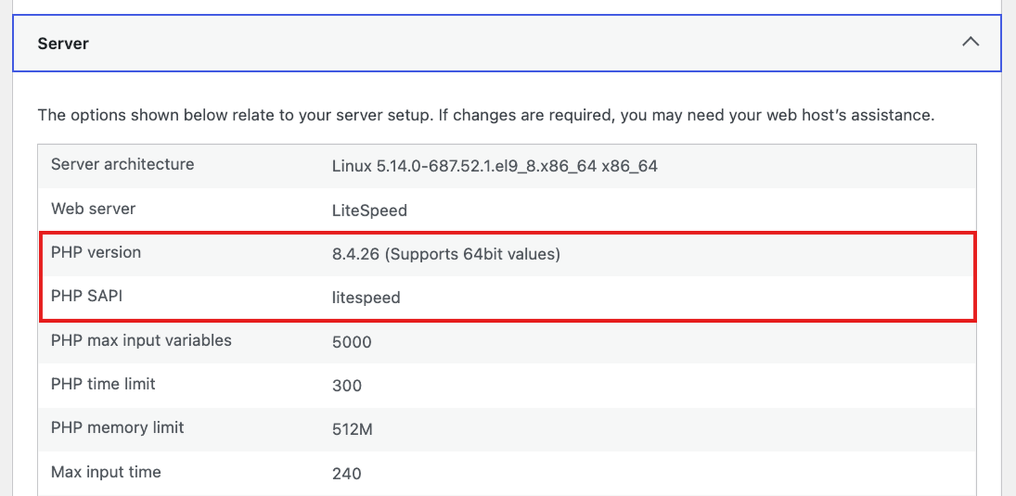 WordPress Site Health Info tab with the Server section showing PHP version 8.4.26 and PHP SAPI litespeed