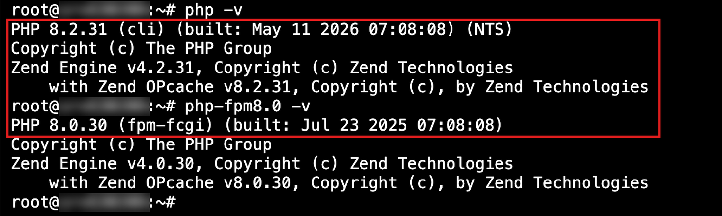 Terminal on a VPS showing php -v returning PHP 8.2.31 for the command line and php-fpm8.0 -v returning PHP 8.0.30