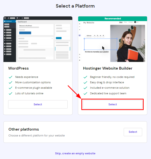 The Select a Platform screen of hosting onboarding showing how to choose the Hostinger Website Builder