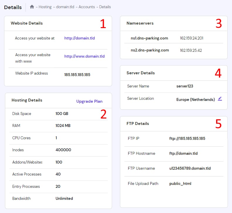 The Account details page showing the different sections