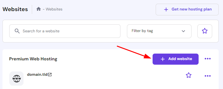 The Add website button on the Websites page of hPanel.