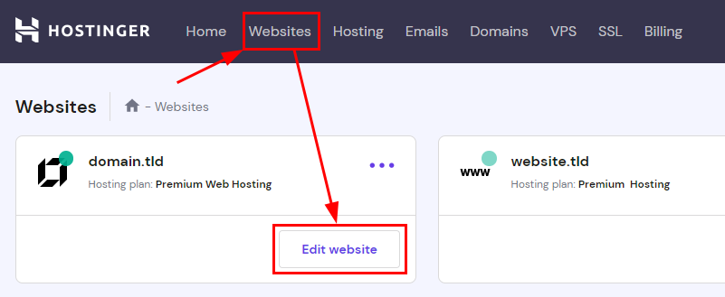 The Websites tab on hPanel showing how to access the Hostinger Website Builder by clicking Edit website