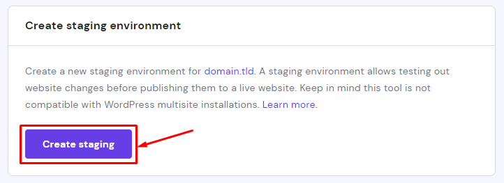 The create a staging environment section showing the button to create staging