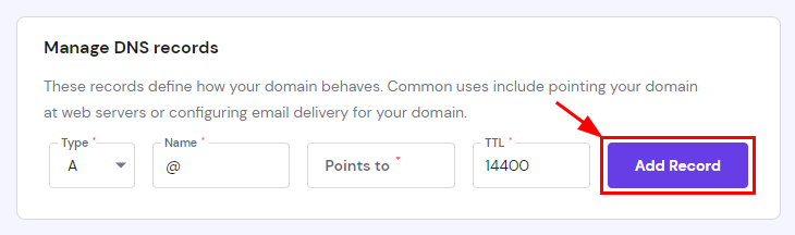 The Manage DNS records section showing how to add a new record