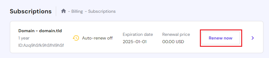 The Billing Subscriptions section showing how to renew an active domain