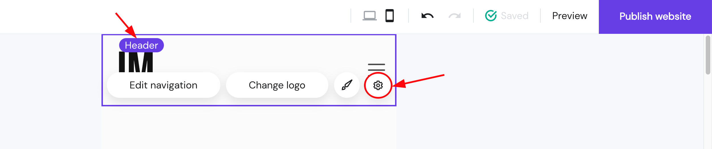 Opening the header settings in Hostinger Website Builder