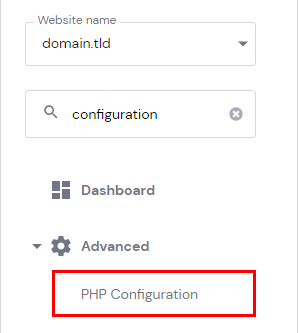 The PHP Configuration menu option