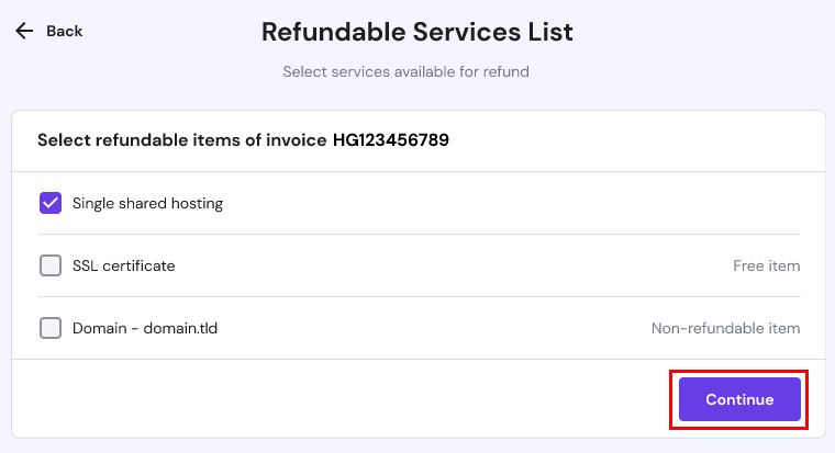 The refundable services list detailing the invoice items and which can be refunded