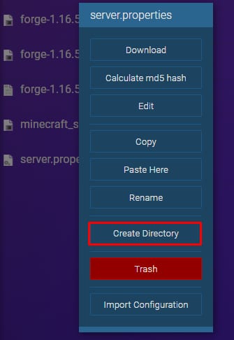 The Create directory option on the Game Panel file manager