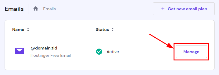 The Emails section of hPanel showing how to access the Email Management area