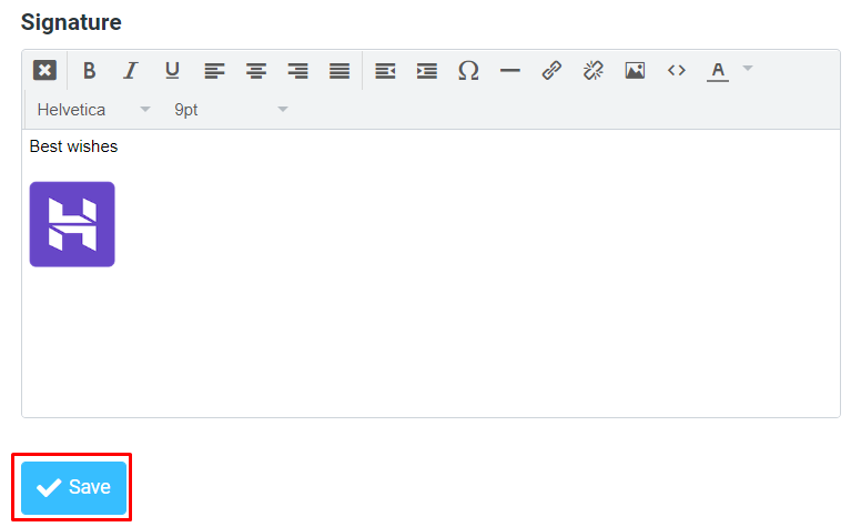 The email signature area including the rich text options and the Save button