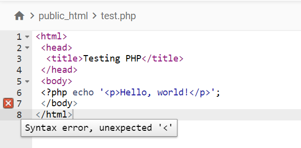A syntax error detected on File Editor including the line and description