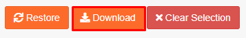 The available options for backups: restore, download, clear selection