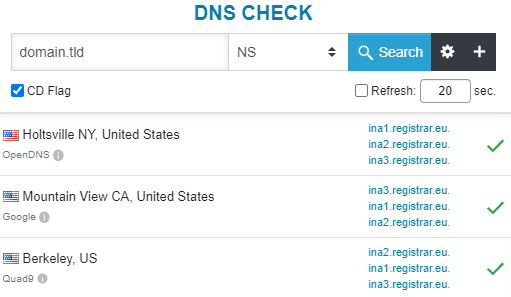 The DNS Checker tool showing the results of a verification failed domain