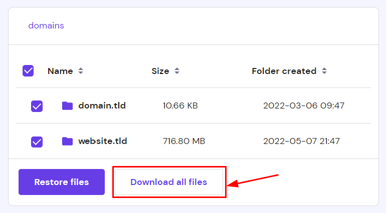 Downloading the preferred backup of a website's files