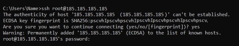 The terminal screen showing how to enter the password to connect to VPS via SSH