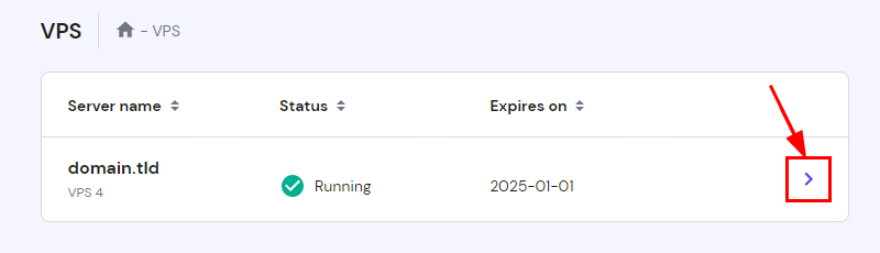The VPS Section showing how to access the VPS management options