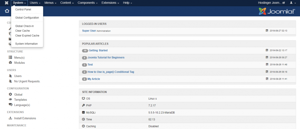 Screenshot of Joomla's system button