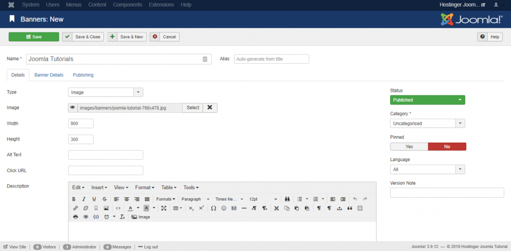 Screenshot of the banners editor in Joomla