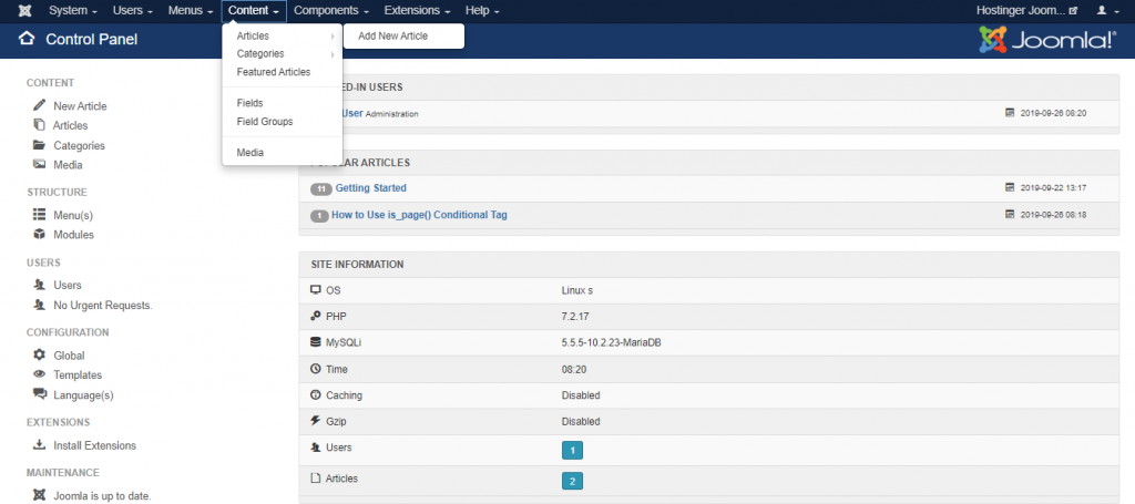 Screenshot of the content tab in Joomla