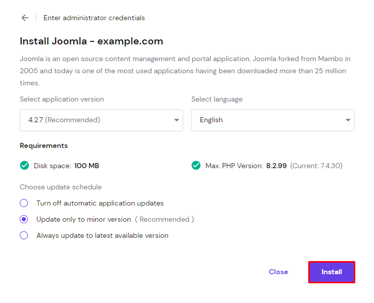 The Install Joomla pop-up on hPanel, highlighting the Install option.