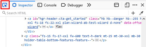 Enabling the Inspect tool on Firefox's Inspector panel.
