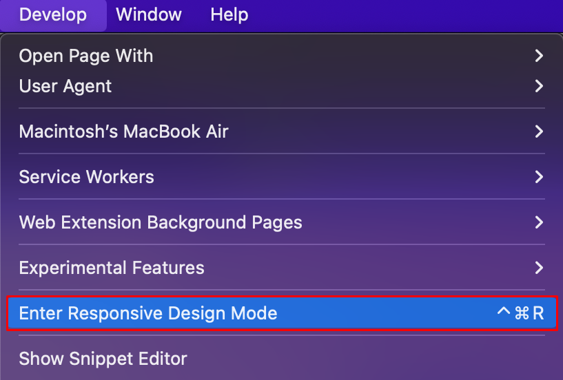 Opening a website using Responsive Design Mode on Safari.