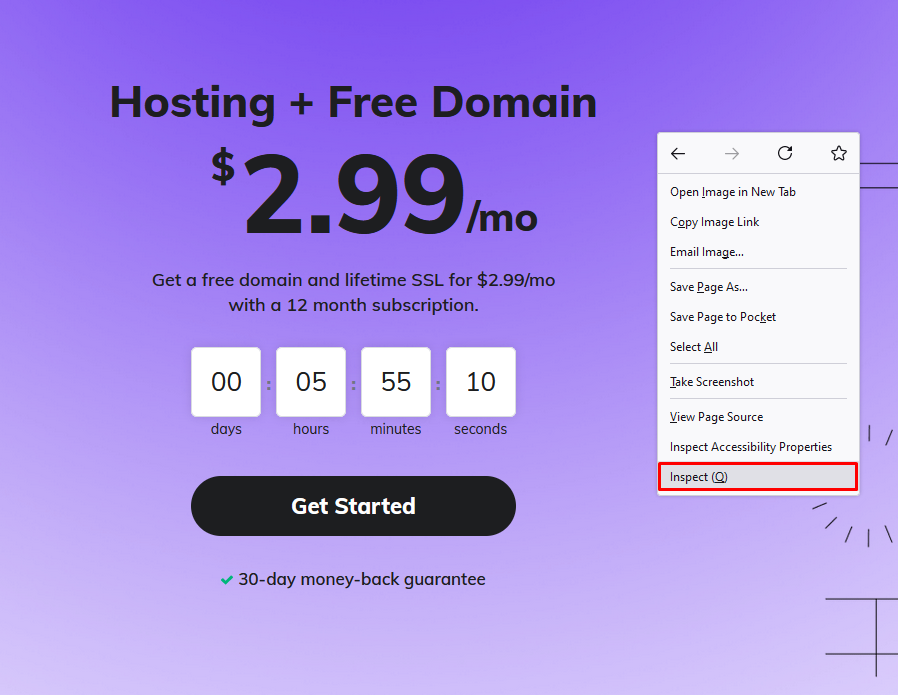 Opening the Inspect Element tool on Firefox.